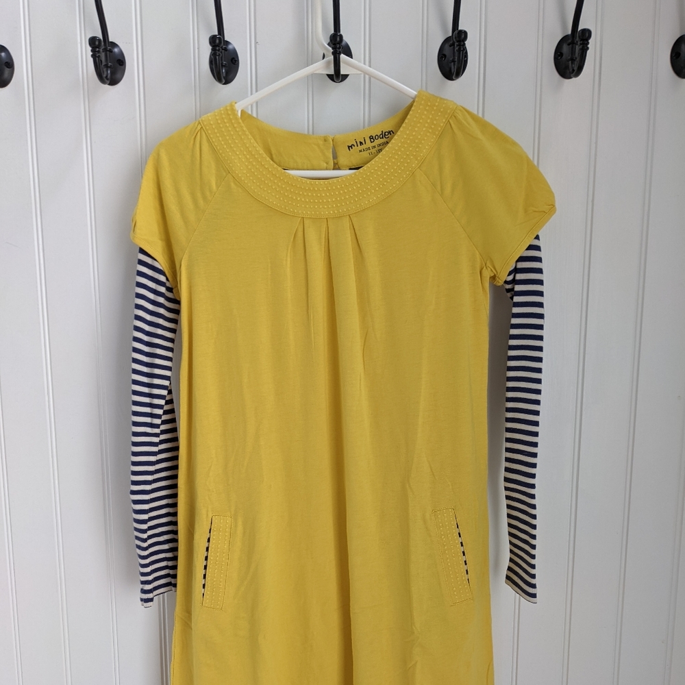 Mini Boden Yellow Dress with Navy & White Striped Sleeves